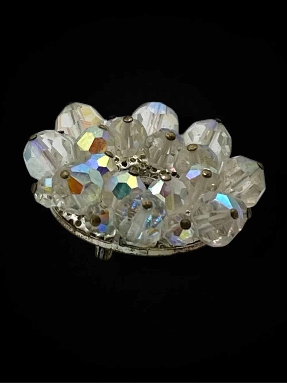 Stunning Vintage Faceted Crystal With Aurora Borealis Bead Wreath Circle Brooch
